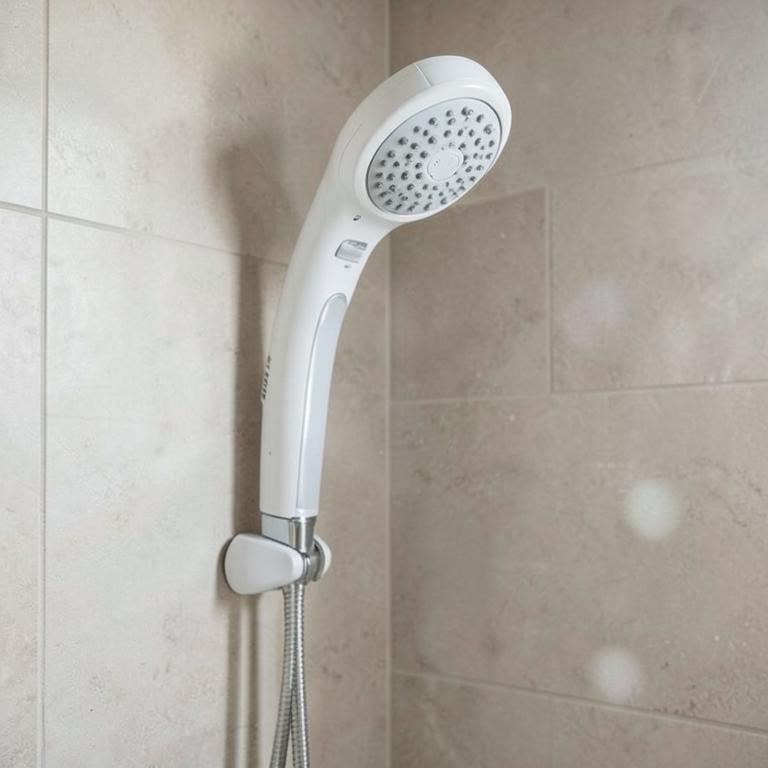 Chuveiro elétrico branco instalado em banheiro residencial